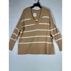 Aerie Oversized Sweater Women Sz M Tan White Striped V Neck Relaxed Cozy Causal